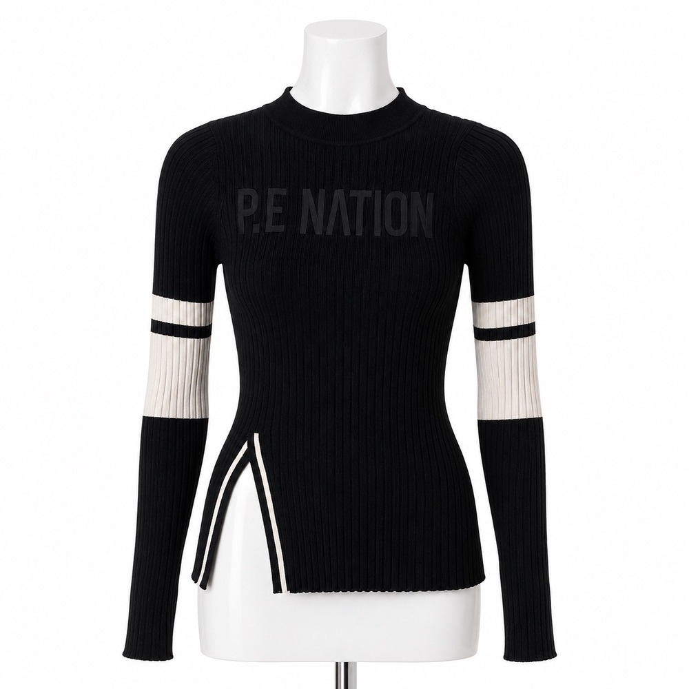 PE Nation Courtside Black Ribbed Long Sleeve Top Women's XS Black Fitted Shirt